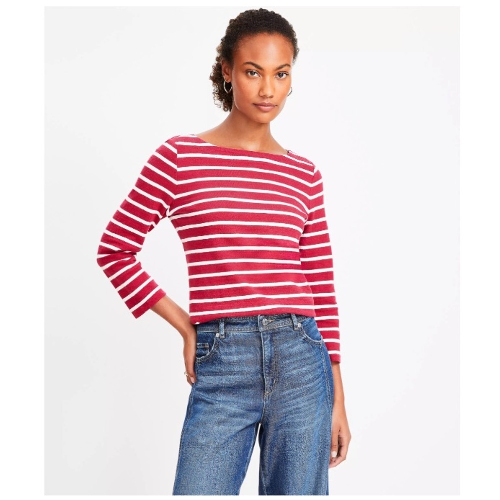 Ann Taylor LOFT Striped Harbor Boatneck Pullover Knit Shirt Nautical Red Large